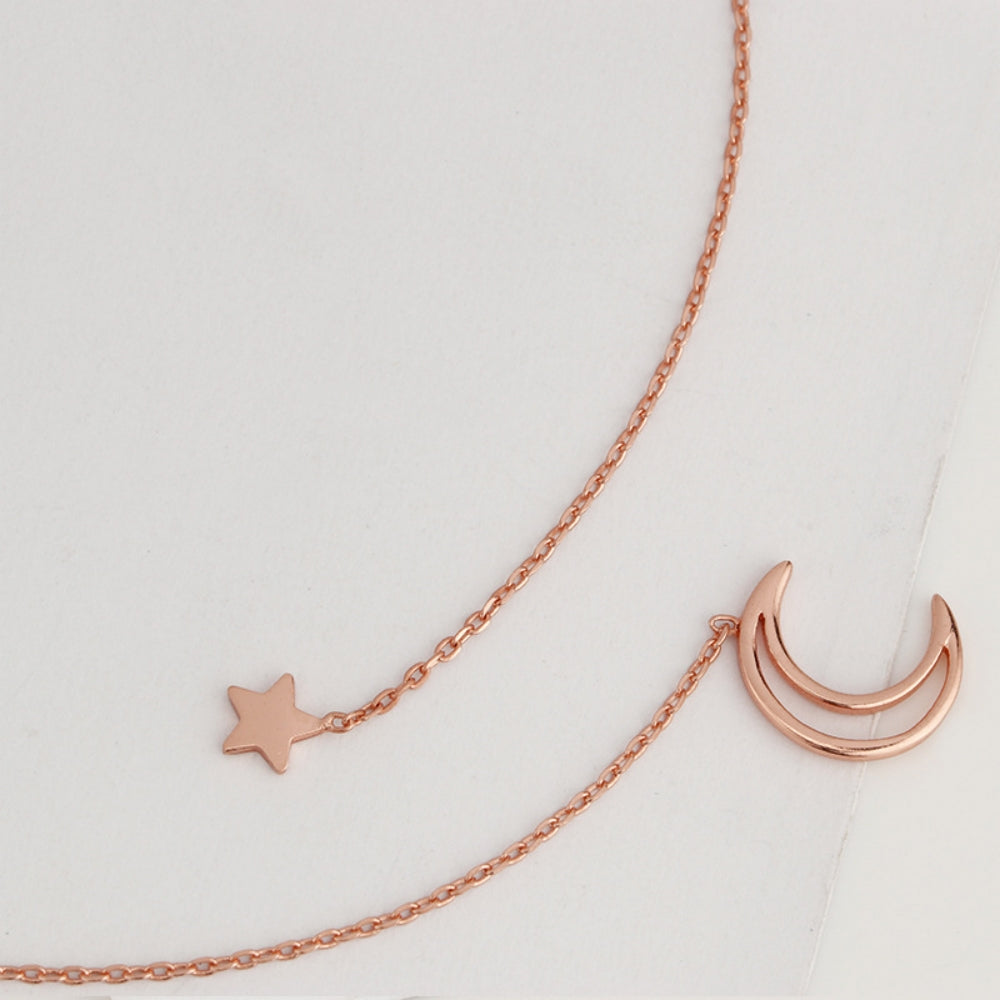 Dainty Moon Star Pendant Necklace for Women, Rose Gold Half Moon Tiny Star Charm Necklace Minimalist Jewelry