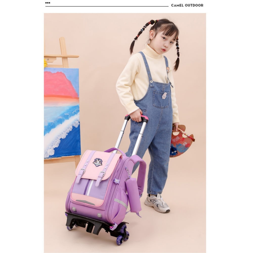 Baprem Girls Rolling Backpacks for School Elementary, Cute Trolley School Bag Bookbag Kids Backpack for Girls with 6 Wheels, Purple