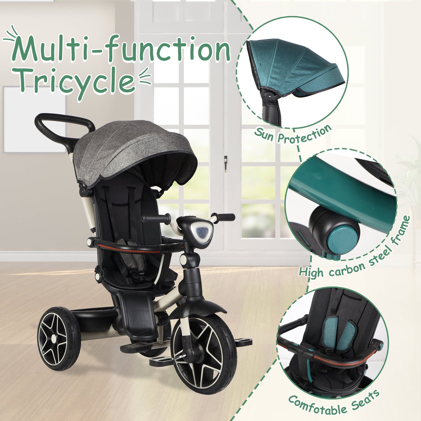 6-In-1 Kids Tricycle Baby Stroller with 360° Rotating Seat, Toddler Trike for 18M to 6Y Boys Girls, Gray