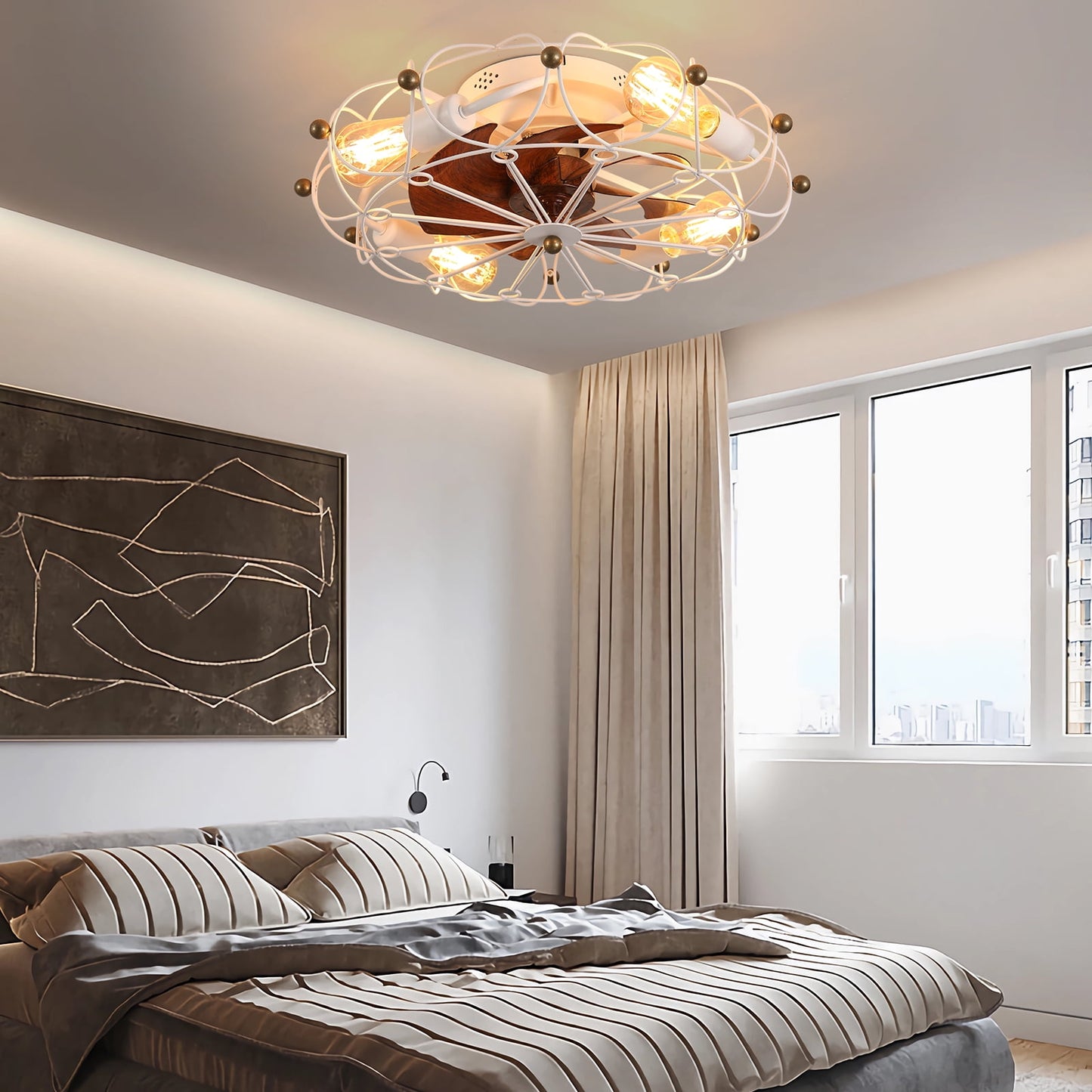 Low Profile Caged Ceiling Fan with Lights Remote Control, Embedded Modern Industrial Farmhouse Ceiling Fan for Bedroom, Kitchen, White