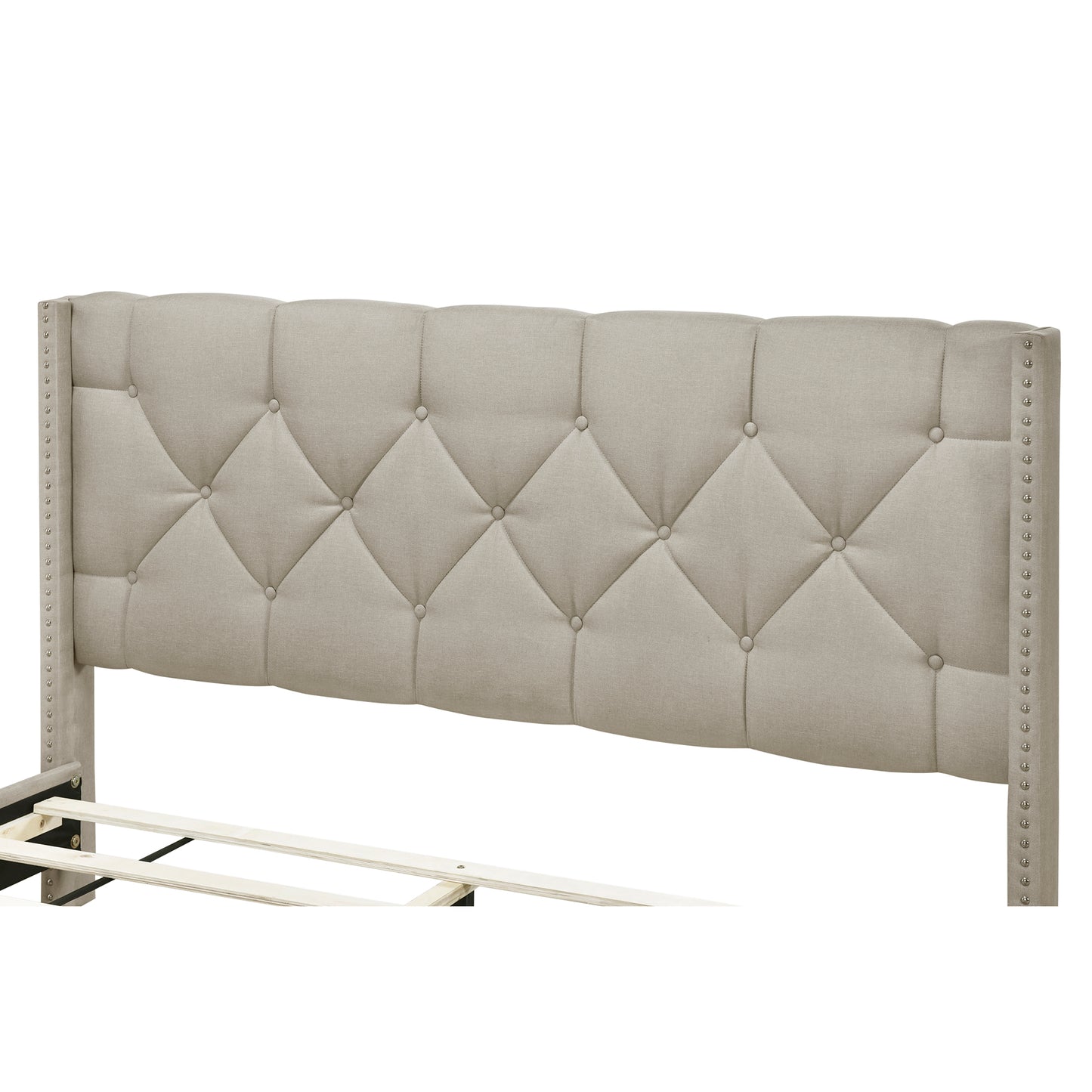 Queen Size Platform Bed Frame, Modern Storage Bed Frame with Button Tufted Upholstered Headboard and 2 Storage Drawers, Beige