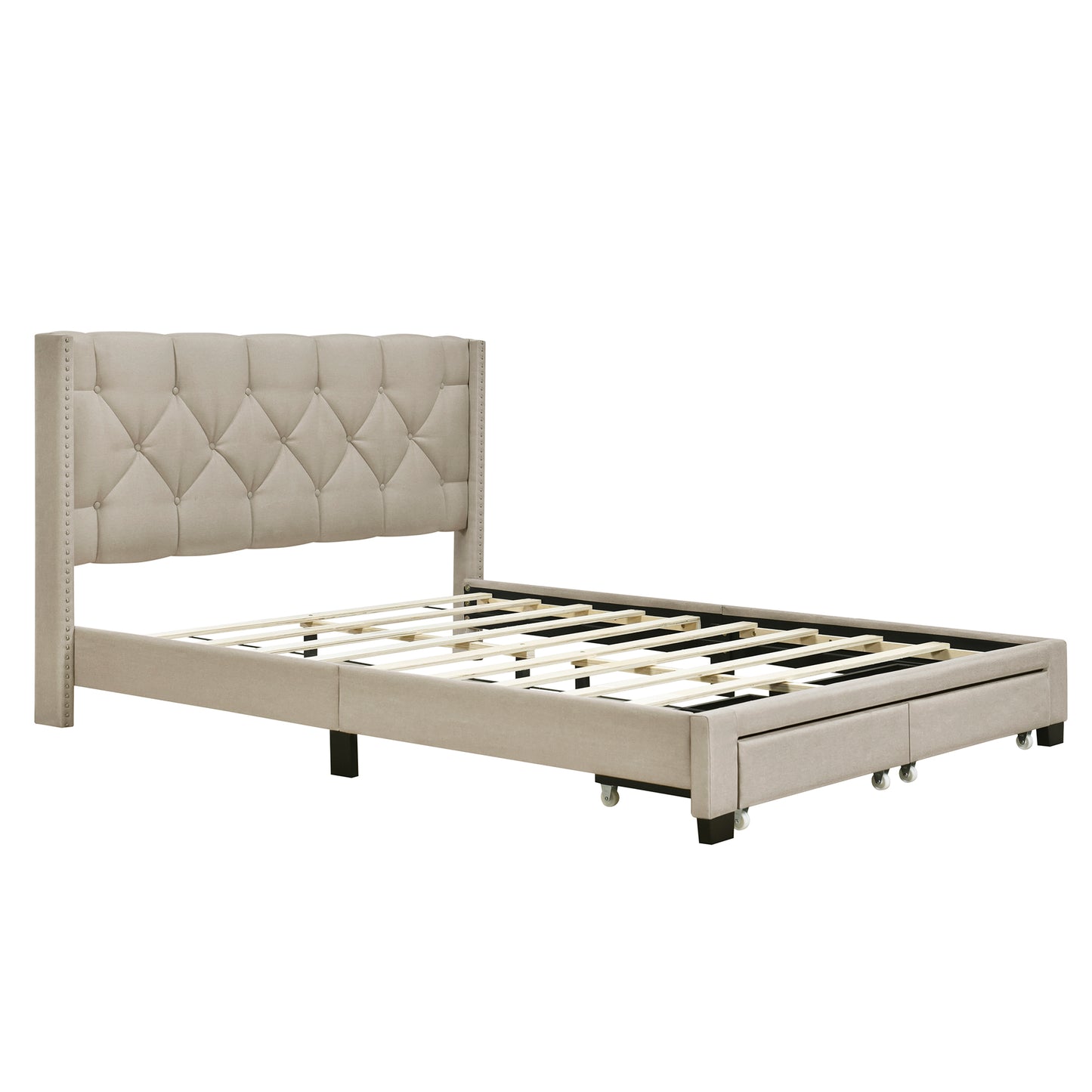Queen Size Platform Bed Frame, Modern Storage Bed Frame with Button Tufted Upholstered Headboard and 2 Storage Drawers, Beige