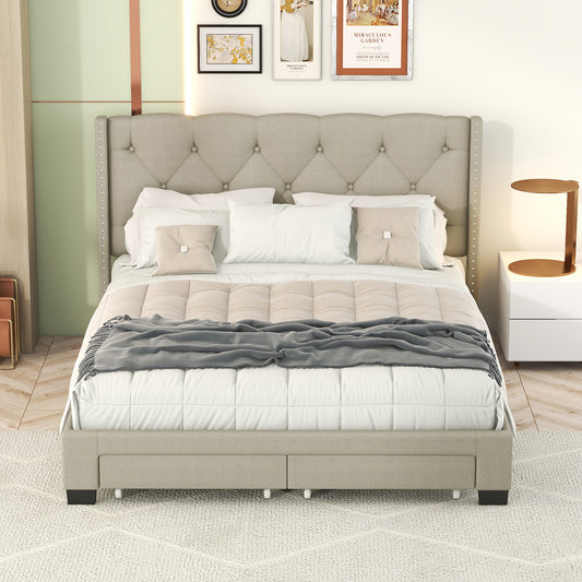 Queen Size Platform Bed Frame, Modern Storage Bed Frame with Button Tufted Upholstered Headboard and 2 Storage Drawers, Beige