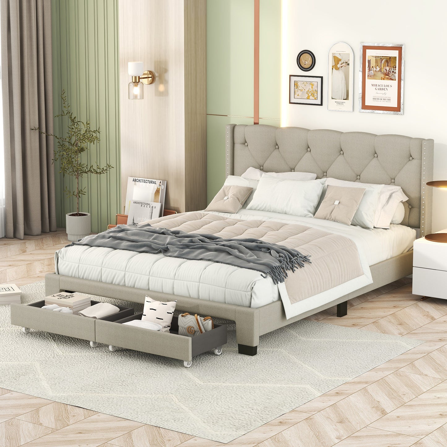 Queen Size Platform Bed Frame, Modern Storage Bed Frame with Button Tufted Upholstered Headboard and 2 Storage Drawers, Beige