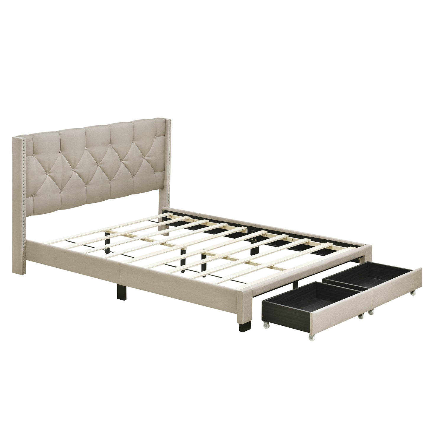 Queen Size Platform Bed Frame, Modern Storage Bed Frame with Button Tufted Upholstered Headboard and 2 Storage Drawers, Beige