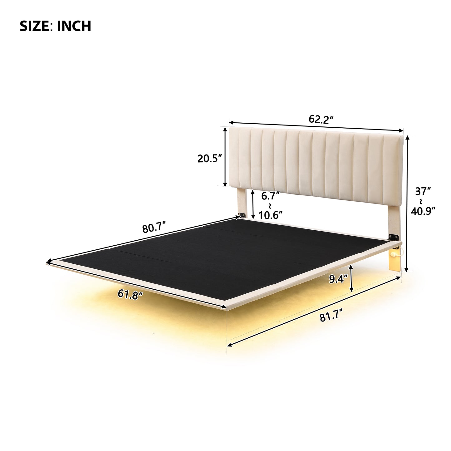 Queen Size Bed Frame, Upholstered Platform Bed with Headboard and Sensor Light,  Modern Floating Velvet Bed for Teens Adults, No Box Spring Needed, Beige