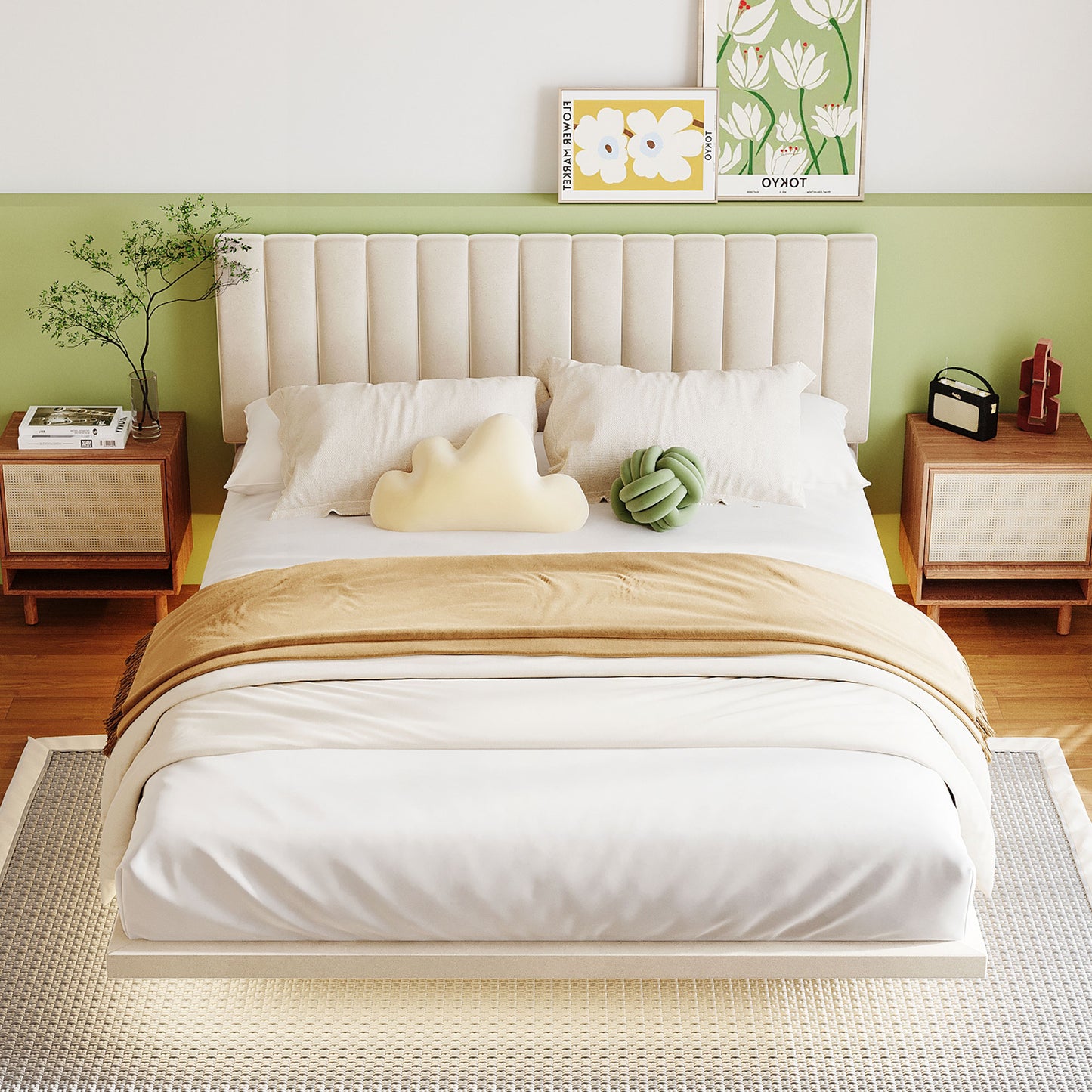 Queen Size Bed Frame, Upholstered Platform Bed with Headboard and Sensor Light,  Modern Floating Velvet Bed for Teens Adults, No Box Spring Needed, Beige