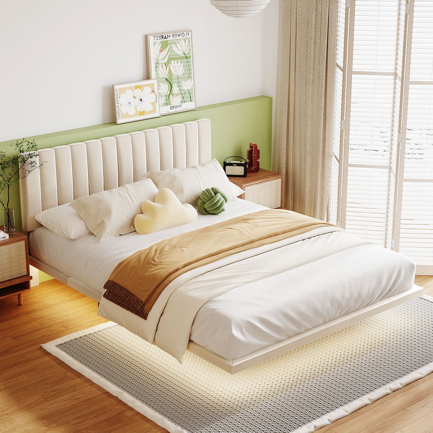 Queen Size Bed Frame, Upholstered Platform Bed with Headboard and Sensor Light,  Modern Floating Velvet Bed for Teens Adults, No Box Spring Needed, Beige