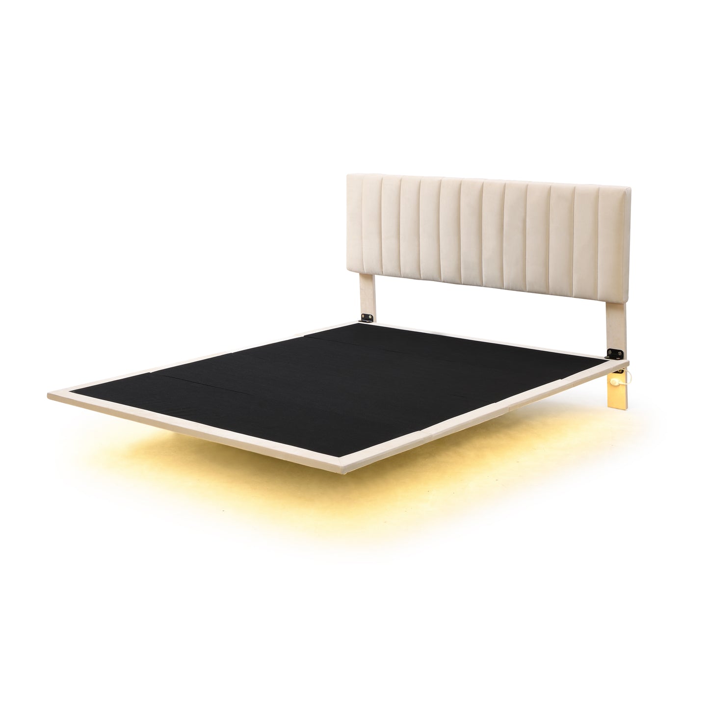 Queen Size Bed Frame, Upholstered Platform Bed with Headboard and Sensor Light,  Modern Floating Velvet Bed for Teens Adults, No Box Spring Needed, Beige