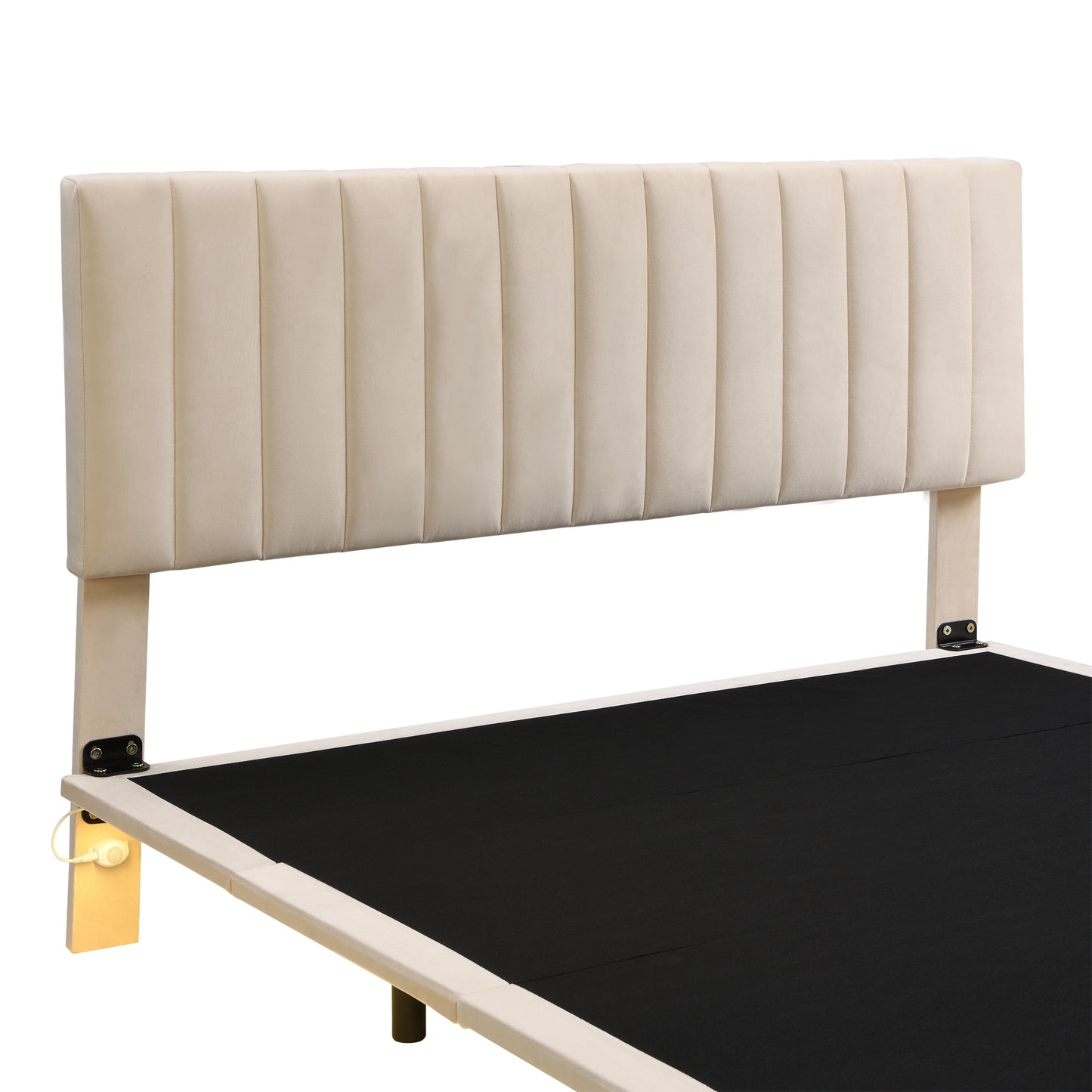 Queen Size Bed Frame, Upholstered Platform Bed with Headboard and Sensor Light,  Modern Floating Velvet Bed for Teens Adults, No Box Spring Needed, Beige
