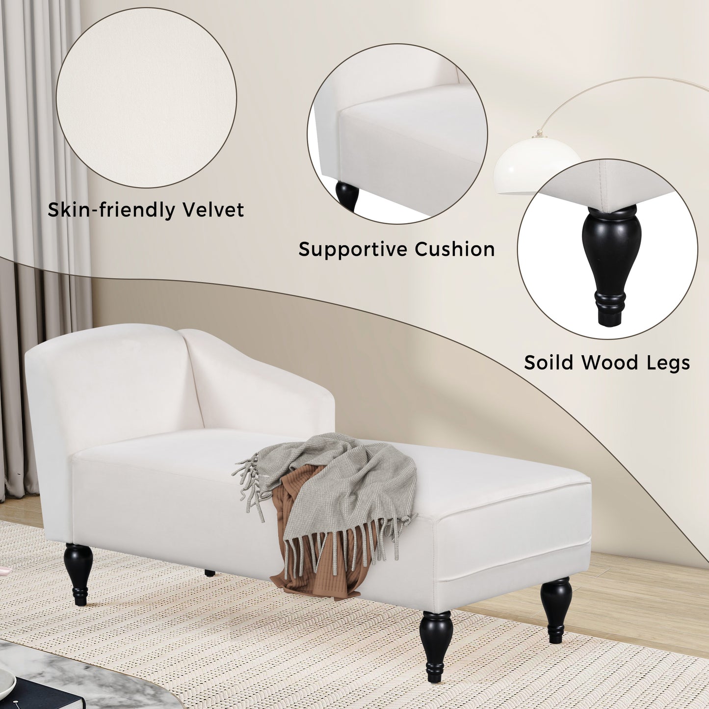 Chaise Lounges Indoor, Velvet Lounge Chair with Arm, Upholstery Sofa Recliner with Solid Wood Legs for Living Room Bedroom Office, White