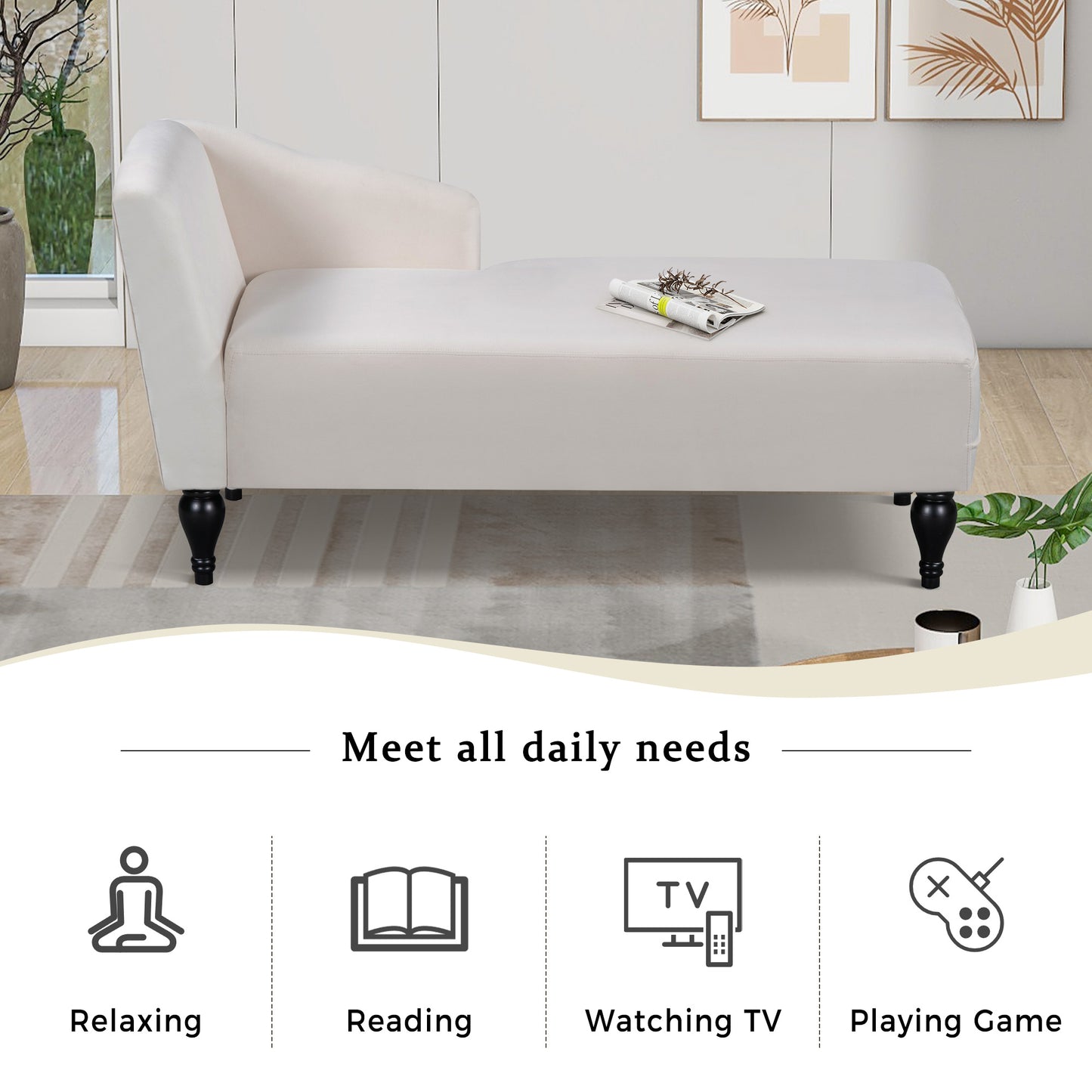 Chaise Lounges Indoor, Velvet Lounge Chair with Arm, Upholstery Sofa Recliner with Solid Wood Legs for Living Room Bedroom Office, White