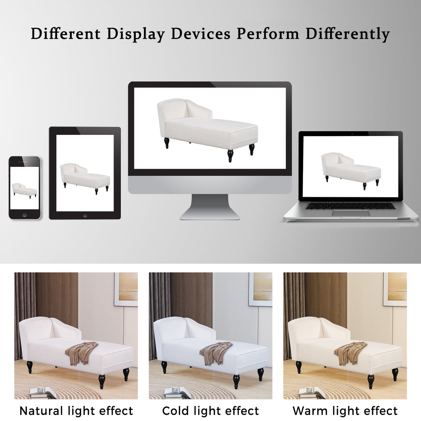 Chaise Lounges Indoor, Velvet Lounge Chair with Arm, Upholstery Sofa Recliner with Solid Wood Legs for Living Room Bedroom Office, White