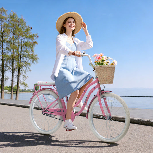 Tyethy Women Bike 24" Single Speed City Comfort Bicycle with Basket for 14+ , Pink
