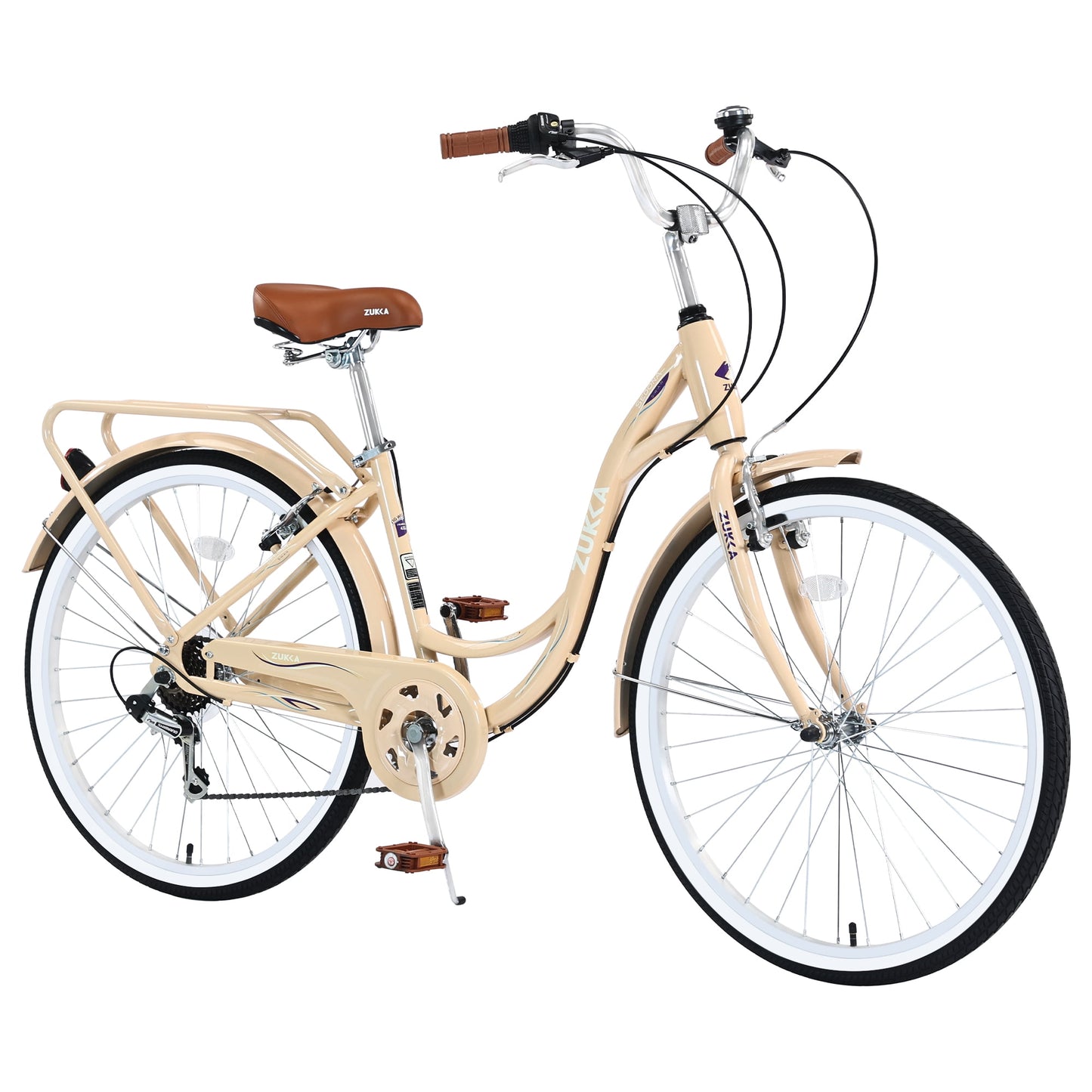 26" Womens Bike 7 Speeds Steel Frame Beach Cruiser Bike Comfort Ladies City Bike, Beige
