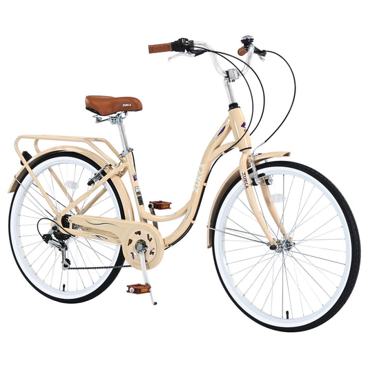 26" Womens Bike 7 Speeds Steel Frame Beach Cruiser Bike Comfort Ladies City Bike, Beige