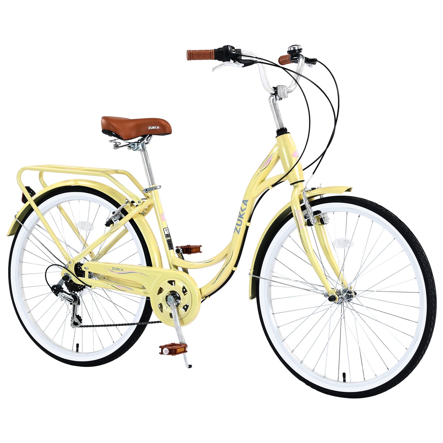 26" Womens Bike 7 Speeds Steel Frame Beach Cruiser Bike Comfort Ladies City Bike, Beige