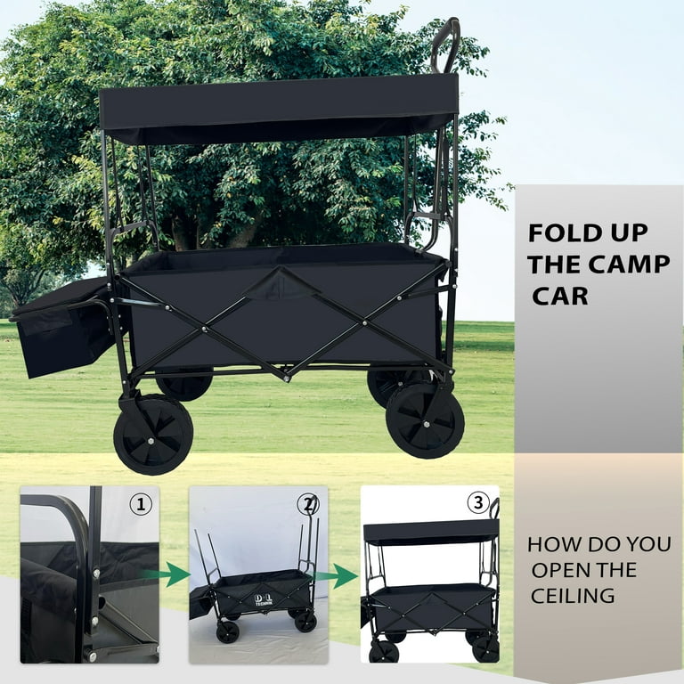 Collapsible Folding Wagon Outdoor Utility Wagon with Canopy ans Storage Basket, Push Pull Beach Wagon Cart for Camping, Garden, and Sports, Navy Blue