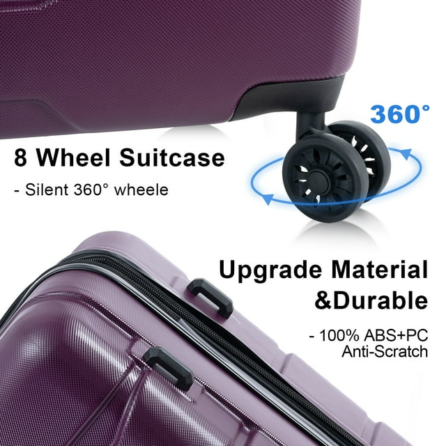 Luggage Set, 3 Pcs Expandable ABS Hardshell Suitcase Luggage Set with Spinner Wheels TSA Lock for Travel Business, 20"24"28", Deep Purple