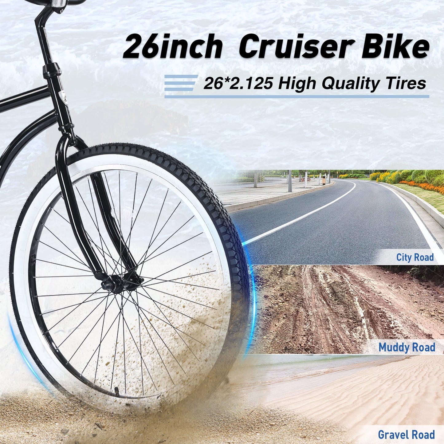 26" Cruiser Bike Single Speed Steel Frame Adults' Bicycles, Men's Beach Cruiser Bike with Rear Coaster Brakes, Black