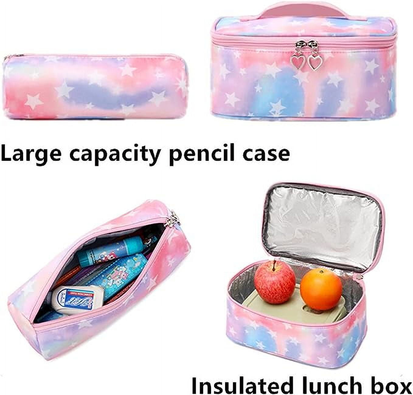 Girls Backpack with Lunch Bag and Pencil Case, Star Printed Kids School Backpack Set, Lightweight School Bag Children Bookbag for Elementary Middle Students, Pink