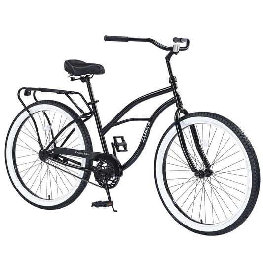 26" Cruiser Bike Single Speed Steel Frame Adults' Bicycles, Men's Beach Cruiser Bike with Rear Coaster Brakes, Black