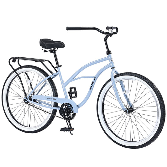 26" Cruiser Bike Single Speed Steel Frame Adults' Bicycles, Women's Beach Cruiser Bike with Rear Coaster Brakes, Blue