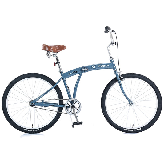 26" Folding City Bike, Single Speed Beach Cruiser Bike for Men Women Adults, Blue