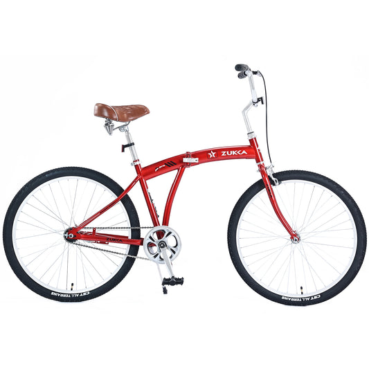 26" Folding City Bike, Single Speed Beach Cruiser Bike for Men Women Adults, Red