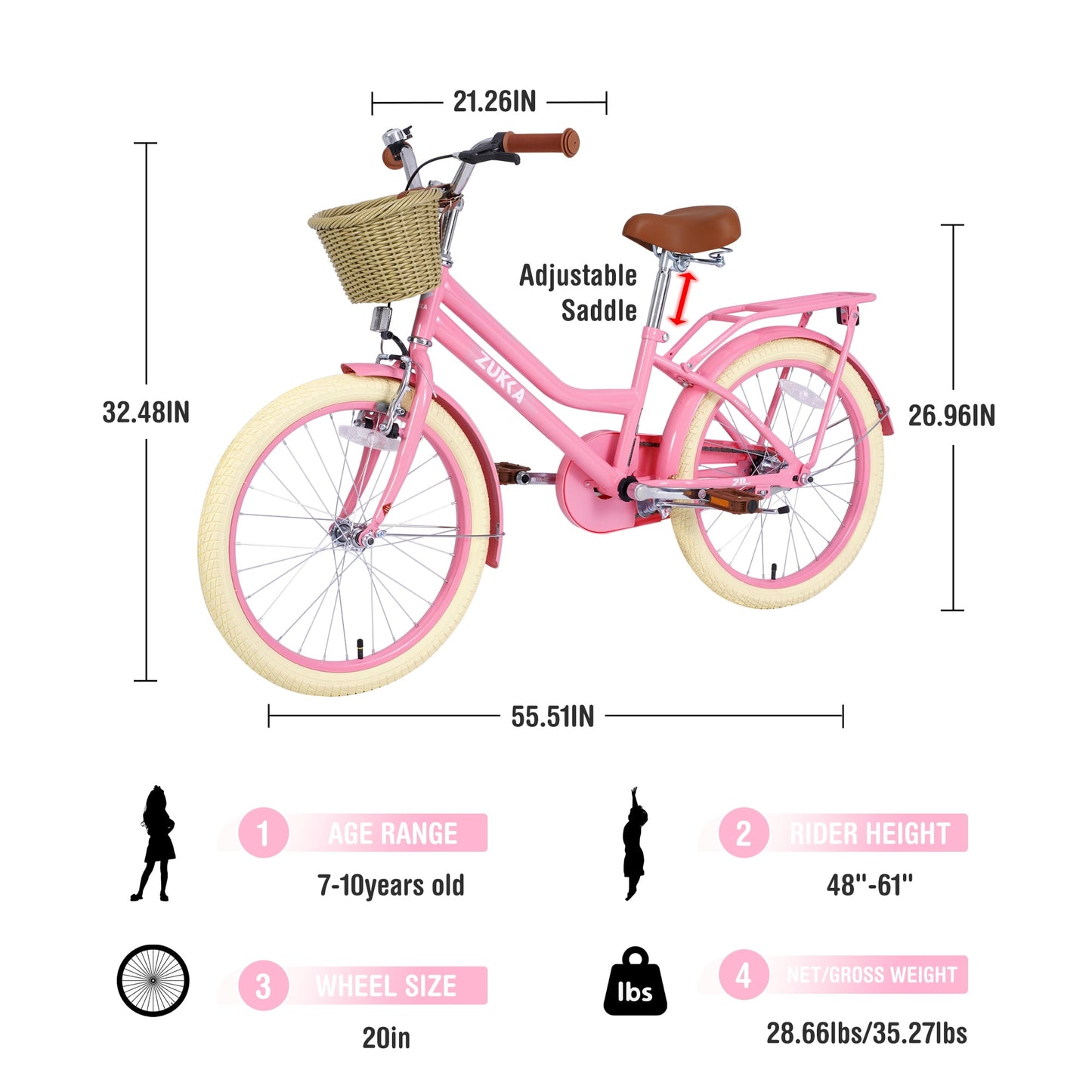 Baprem Girls Bike 20 Inch Kids Bicycle with Basket and Backseat for 7-10 Years Old, Single Speed, Pink