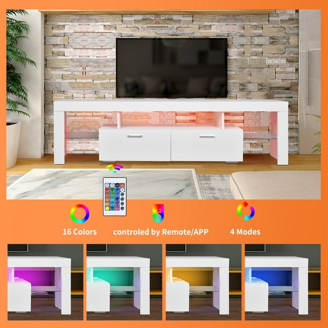 TV Stands for 70" TV, Modern TV Cabinet with LED Lights, Living Room Entertainment Center TV Console Table with Drawers Storage and Shelves, White