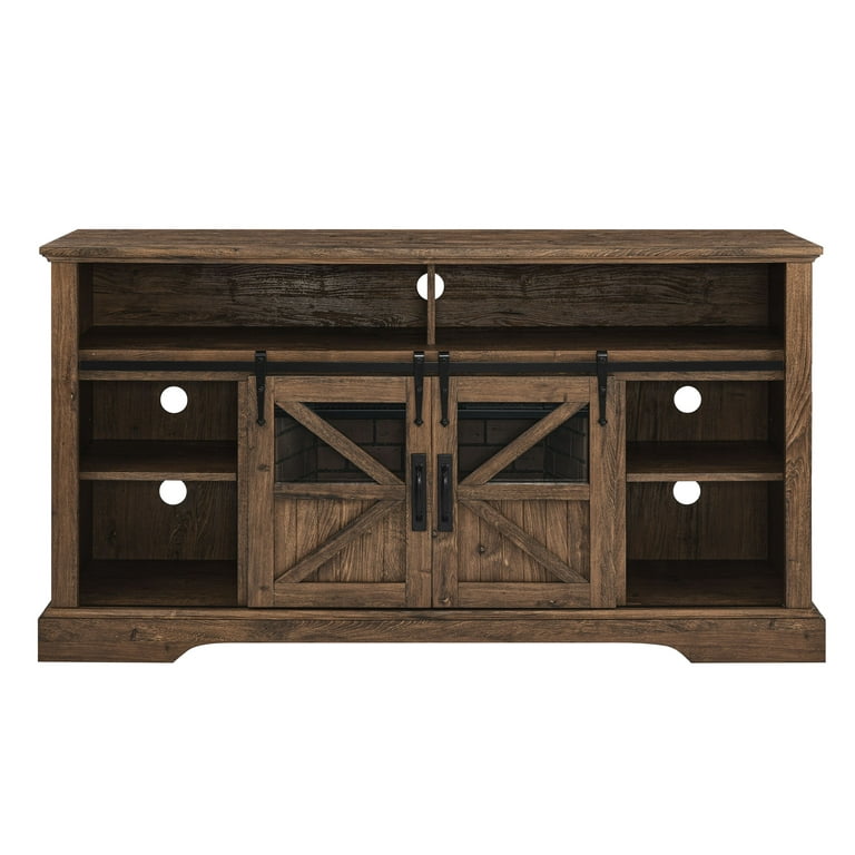 Fireplace TV Stand for TVs up to 70", 60" Entertainment Center with 26" Electric Fireplace, Modern Media TV Console with Storage Cabinet and Door Sensor, Brown