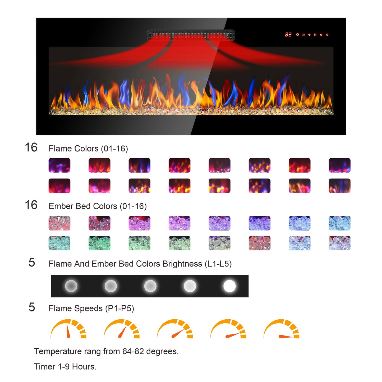 Electric Fireplace, 60" Recessed and Wall Mounted Electric Fire Place Heater, 1400W Ultra Thin Linear Fireplace with Timer, Remote Control, Adjustable Flame Color