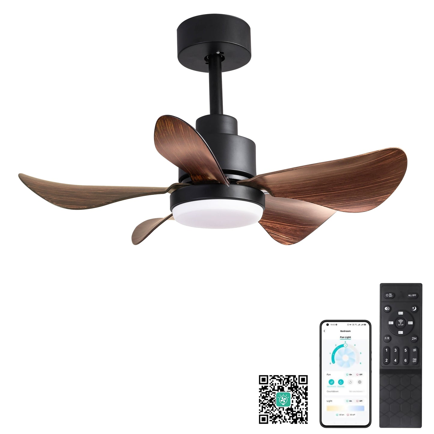 28" Ceiling Fan with Lights App Remote Control, Flush Mount Ceiling Fan with 5 Reversible Blades for Bedroom Kitchen, Brown