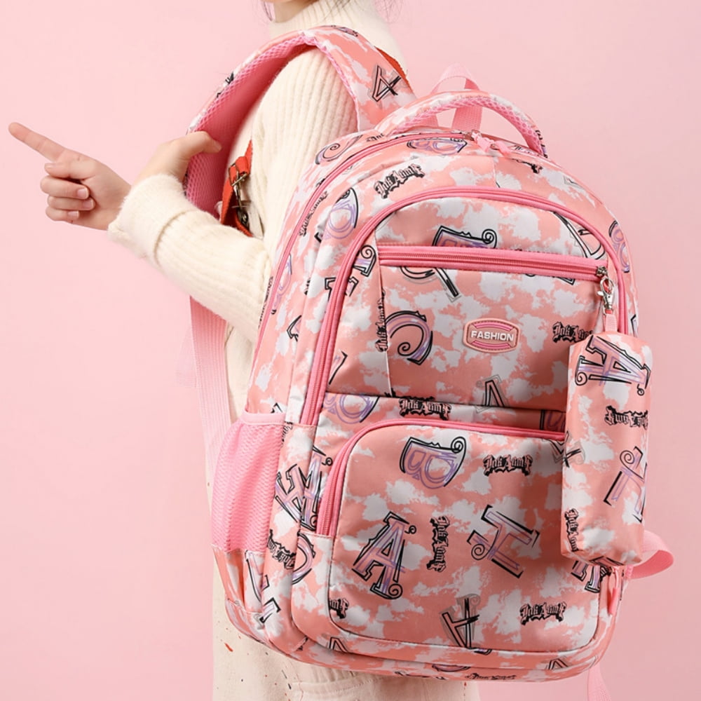 Kids School Backpack for Girls Bookbags Printed Large Lightweight School Bag for Elementary, Pink