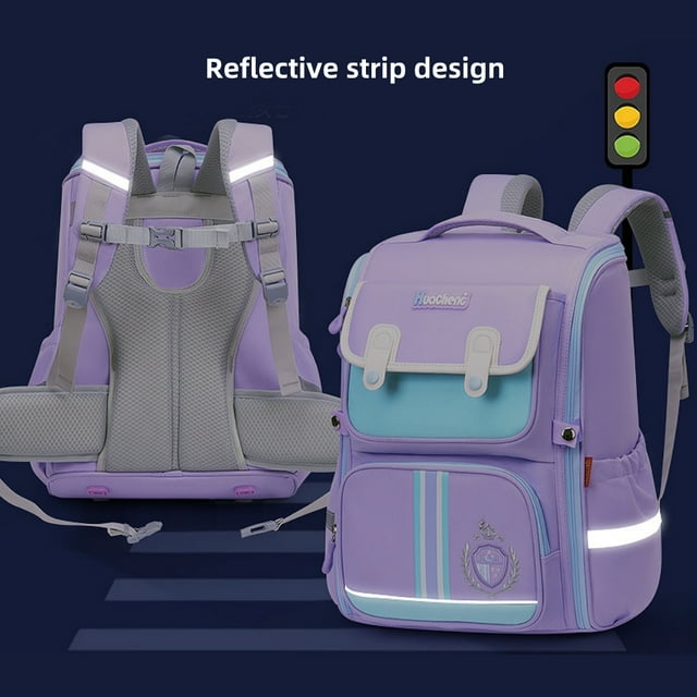 Elementary School Backpack for Girls, Large Lightweight Kids School Bag Waterproof Wide-open Bookbag for Children, Purple