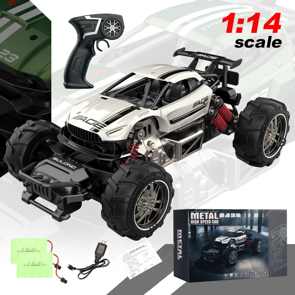 1:14 Scale 4WD Alloy Off-Road Car, 2.4GHz High Speed 20 Km/h All Terrains Electric Toy RC Vehicle Truck with Two Rechargeable Batteries for 8+ Kids