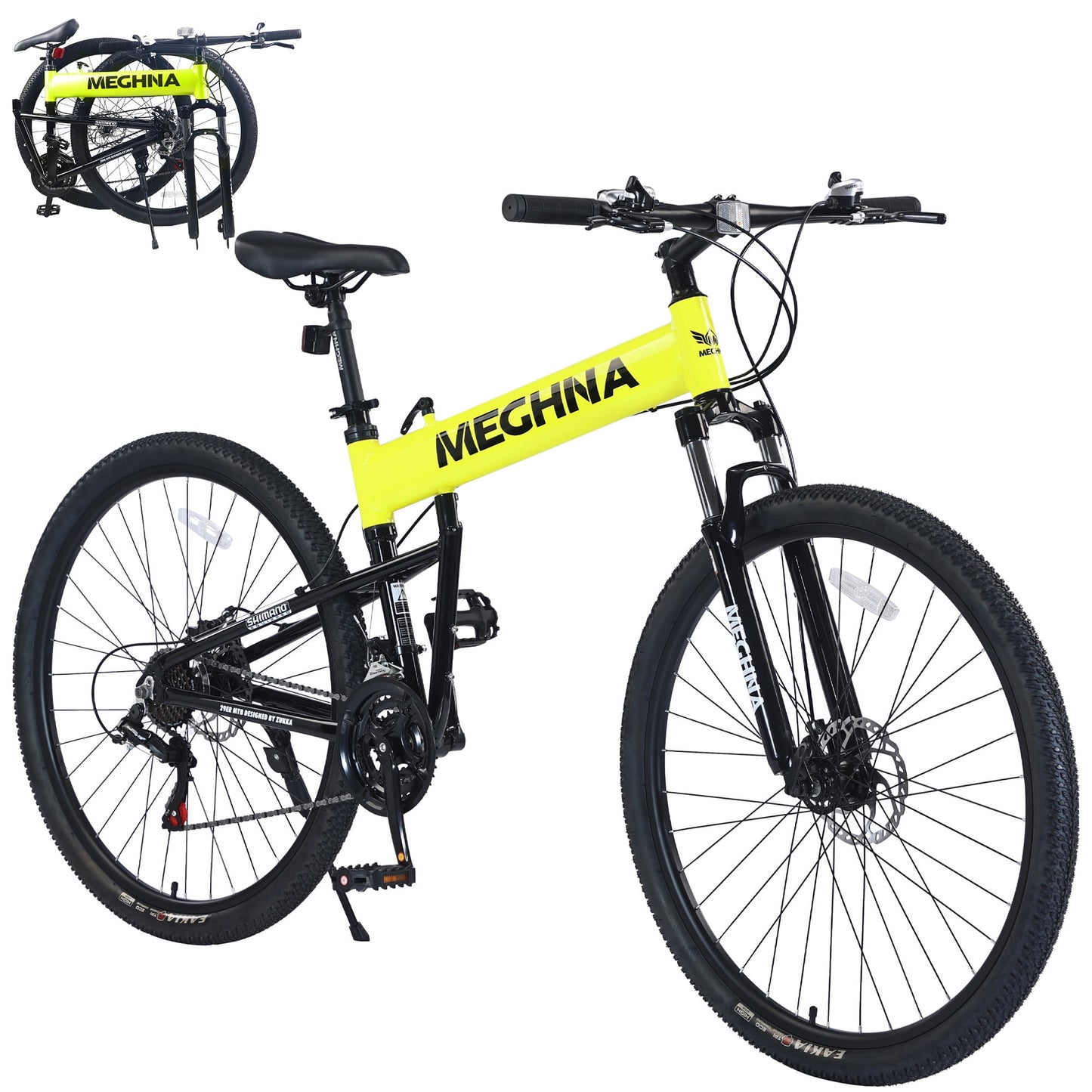 29" Folding Mountain Bike 21 Speeds Adults Bike Aluminium Alloy Frame Men's Bike with Suspension Fork, Yellow