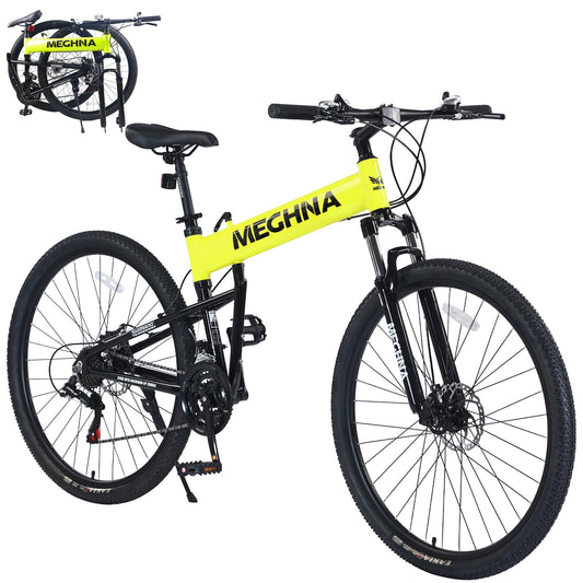 29" Folding Mountain Bike 21 Speeds Adults Bike Aluminium Alloy Frame Men's Bike with Suspension Fork, Yellow