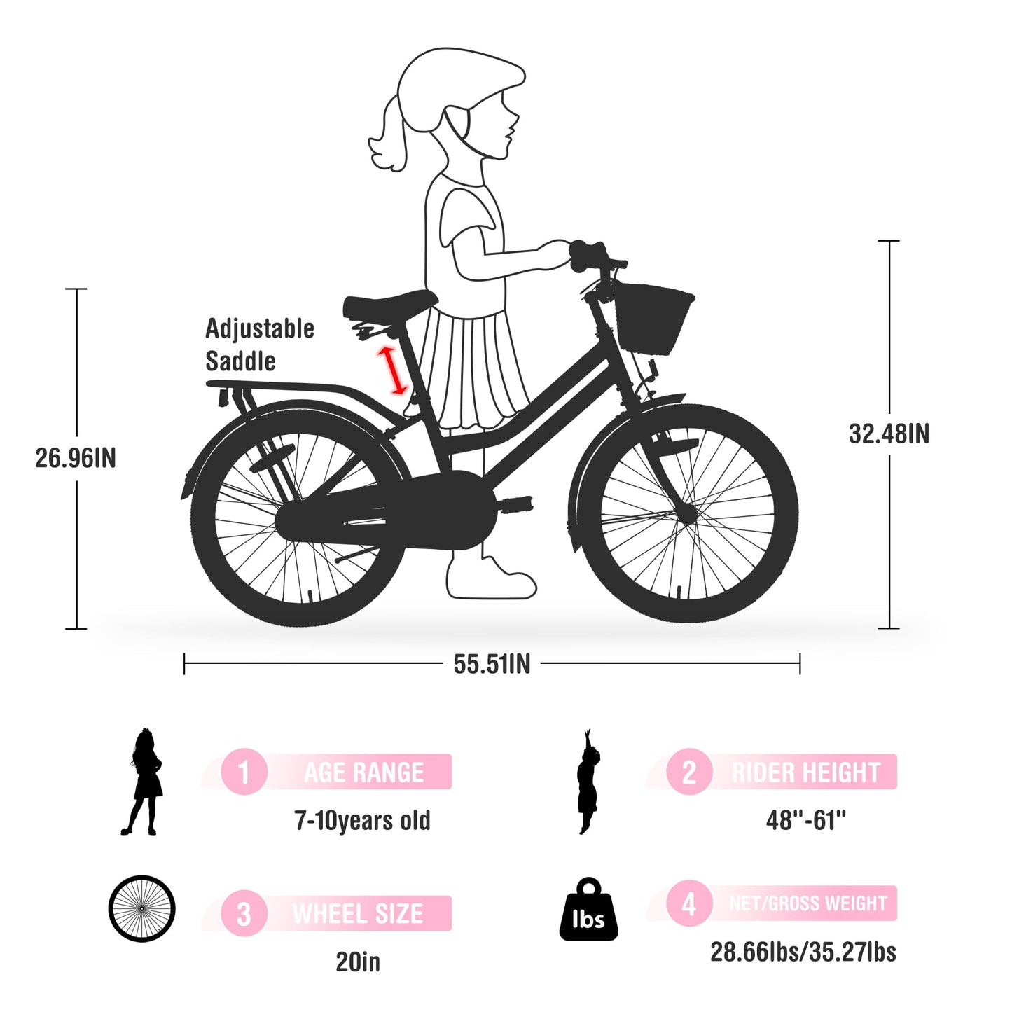 Baprem Girls Bike 20 Inch Kids Bicycle with Basket and Backseat for 7-10 Years Old, Single Speed, Pink