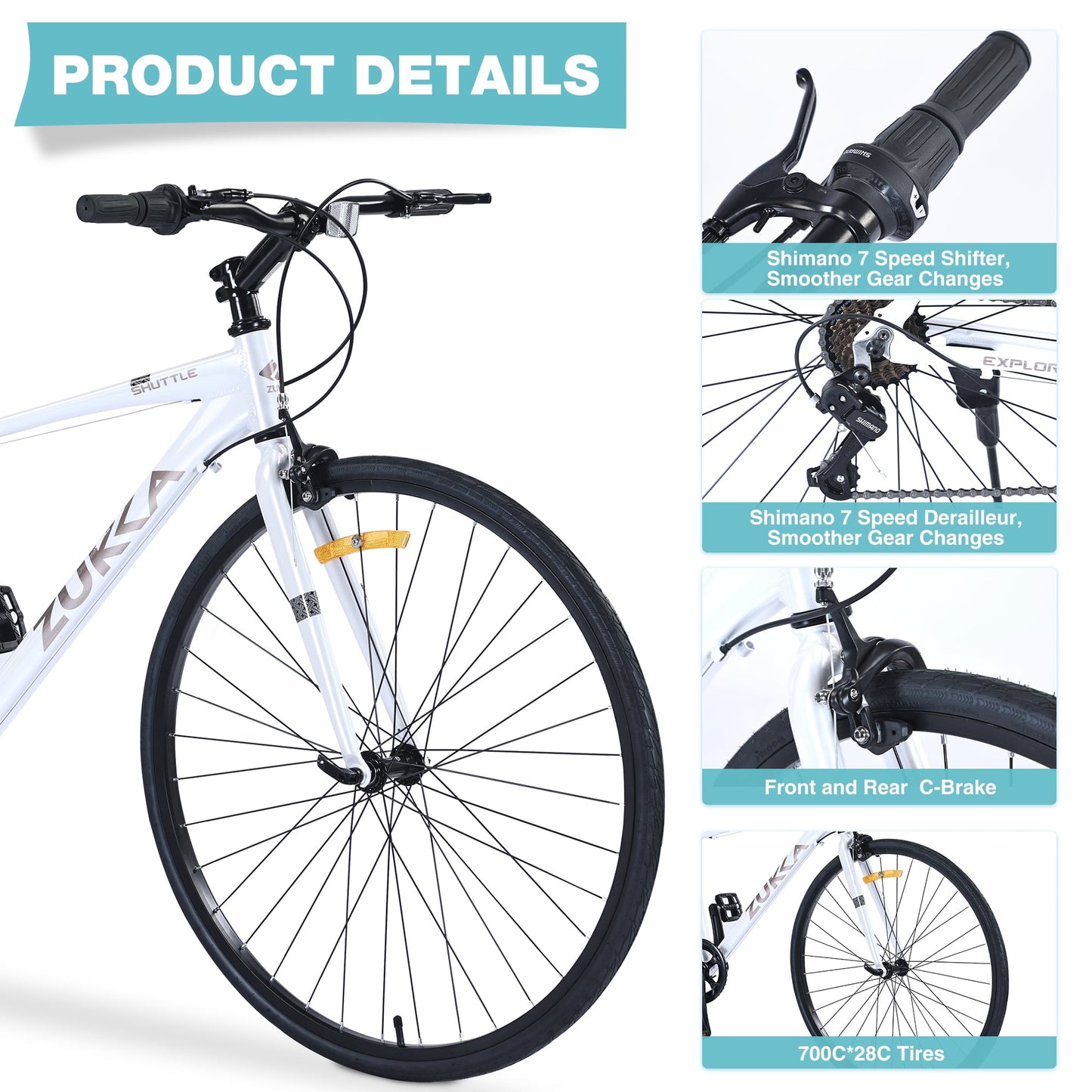 700C Hybrid Road Bike Shimano 7-Speed Adult Bike Lightweight 28" Aluminum Frame City Bicycle for Men Women, White