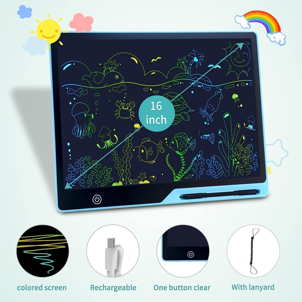 16 inch LCD Writing Tablet for Kids, USB Rechargeable, Reusable Doodle Board Writing Pad, Electronic Drawing Pads Educational Learning Toys for Boys Girls, Blue