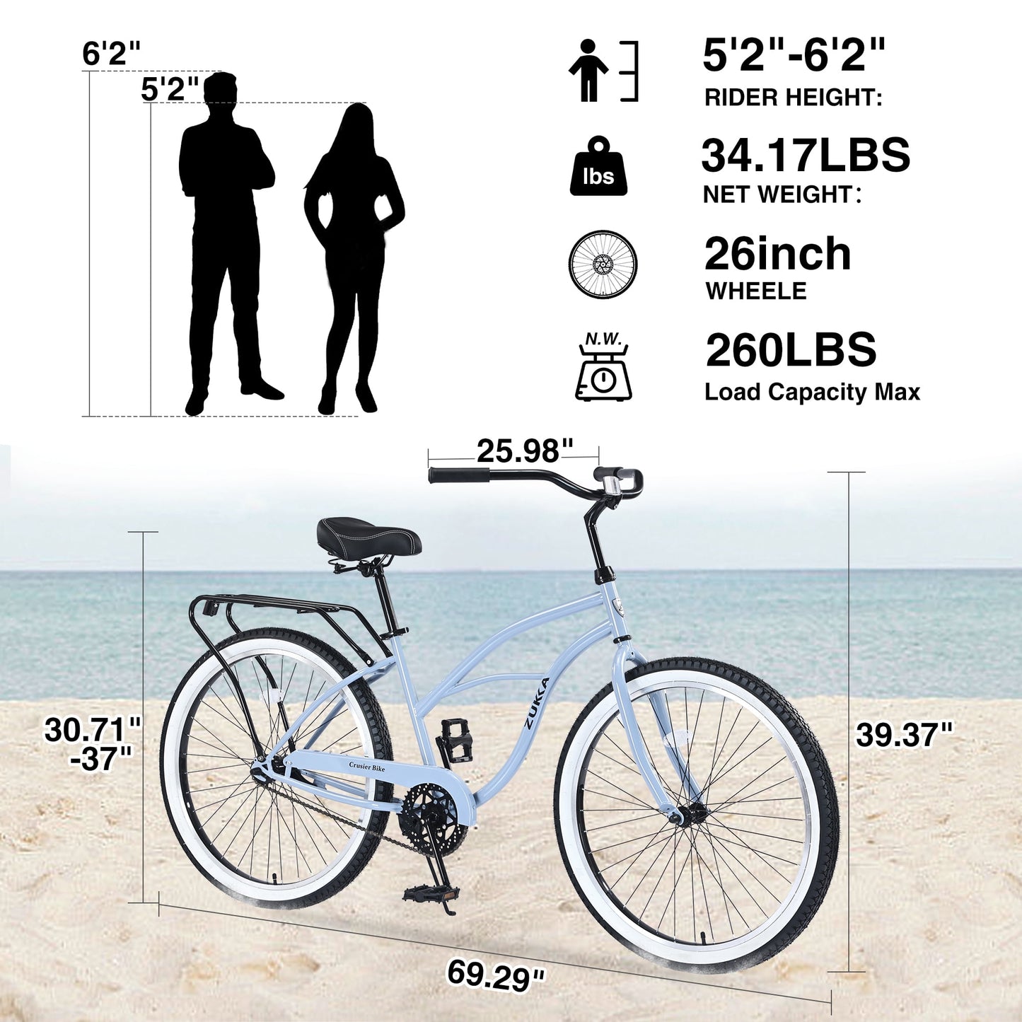 26" Cruiser Bike Single Speed Steel Frame Adults' Bicycles, Women's Beach Cruiser Bike with Rear Coaster Brakes, Blue