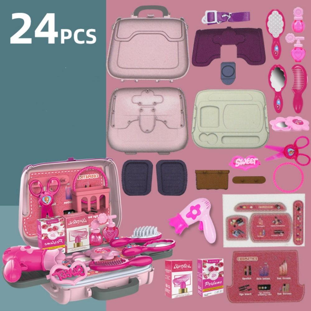 Pretend Play Vanity Set with Carrying Case ,24 PCS Kids Makeup Kit Toys Beauty Cosmetic and Jewellery Set with Hairdryer, Mirror & Other Accessories, Christmas Birthday Gifts for Little Girl