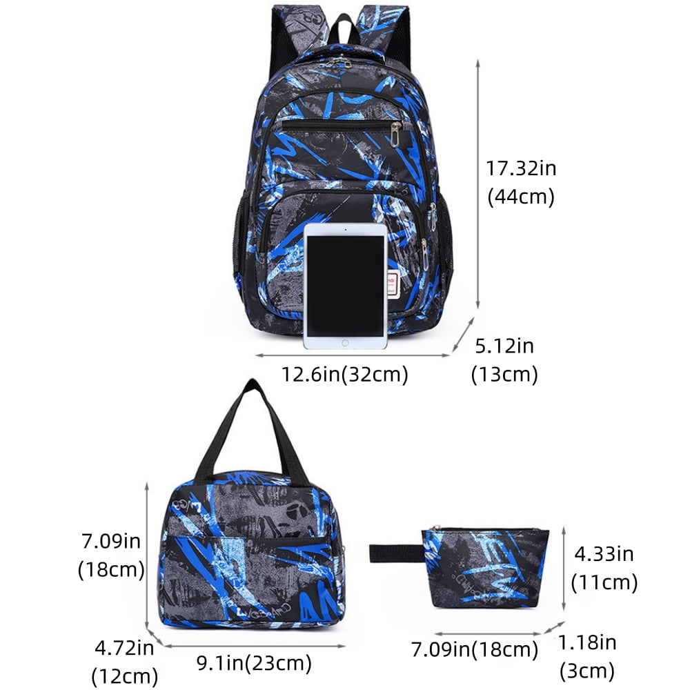 School Backpack for Boys Girls Fashion Printed School Bag Set with Lunch Bag and Pencil Case for Kids Teens, Blue