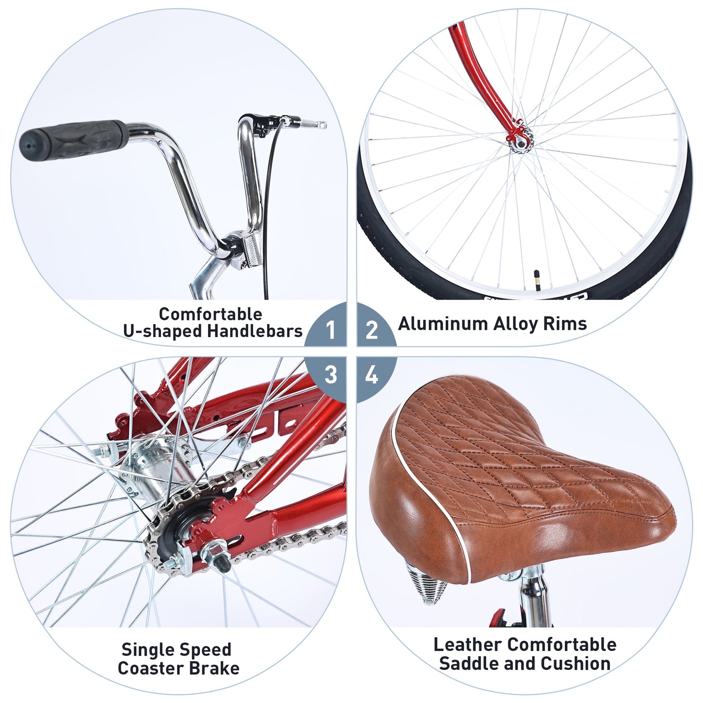 26" Folding City Bike, Single Speed Beach Cruiser Bike for Men Women Adults, Red