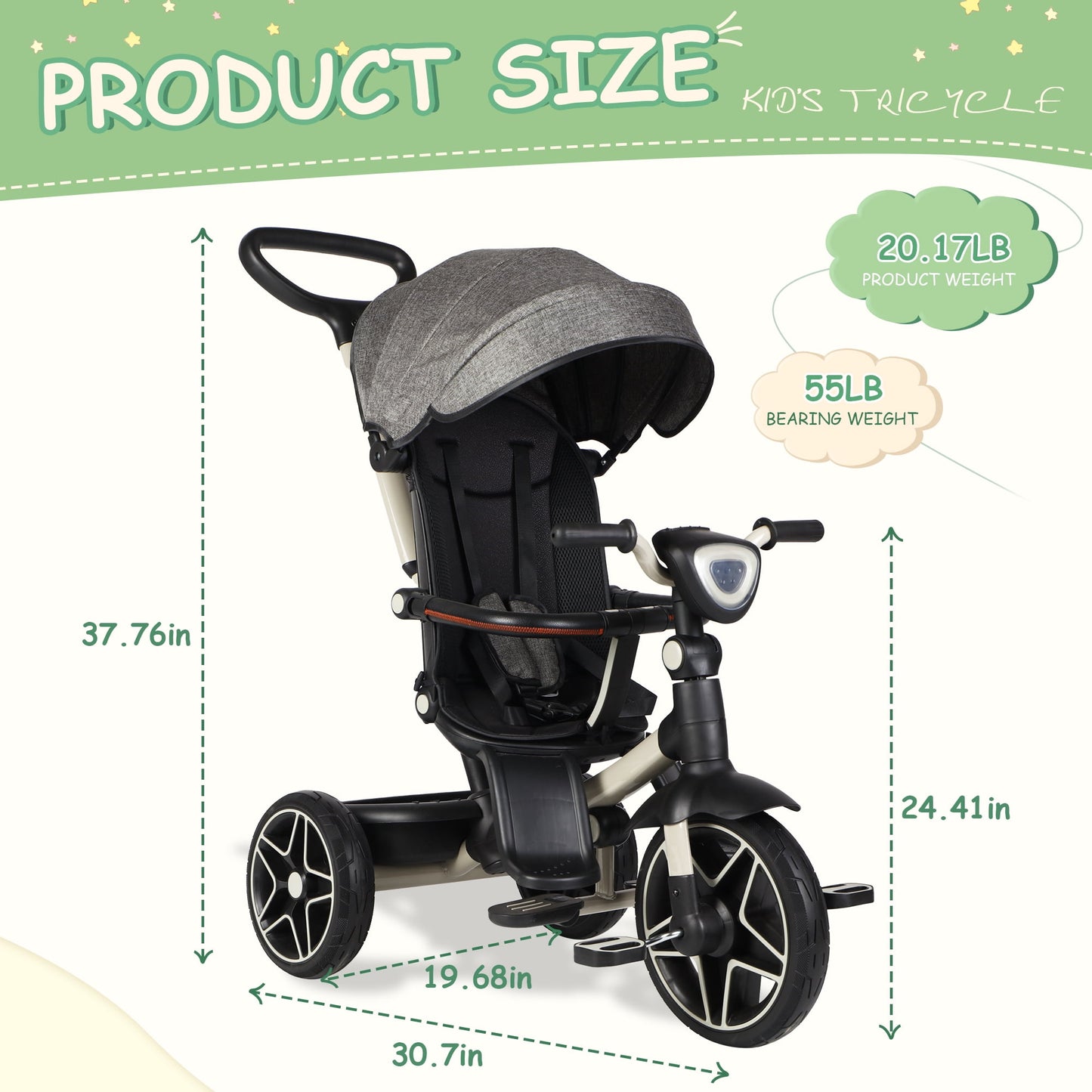 6-In-1 Kids Tricycle Baby Stroller with 360° Rotating Seat, Toddler Trike for 18M to 6Y Boys Girls, Gray