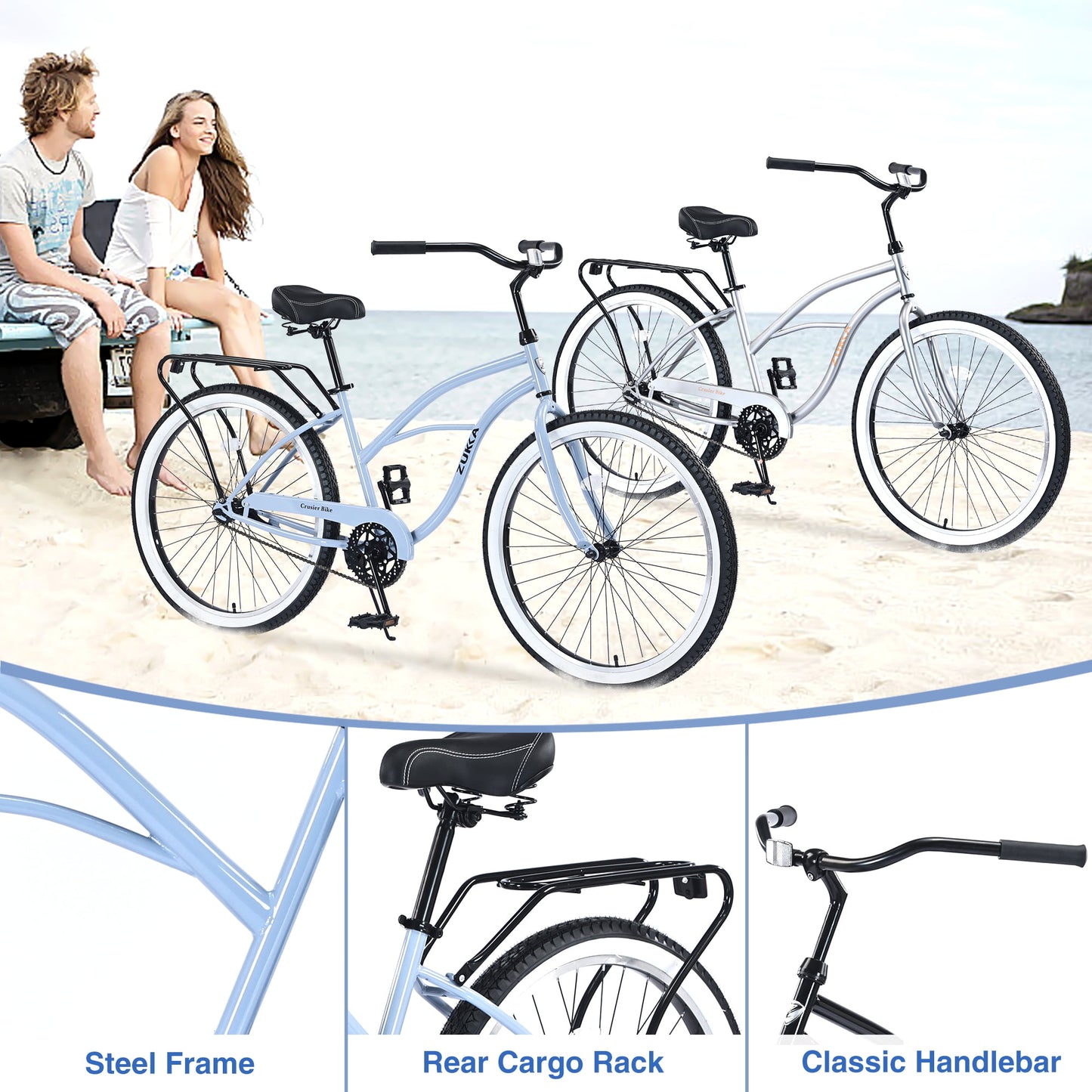 26" Cruiser Bike Single Speed Steel Frame Adults' Bicycles, Women's Beach Cruiser Bike with Rear Coaster Brakes, Blue