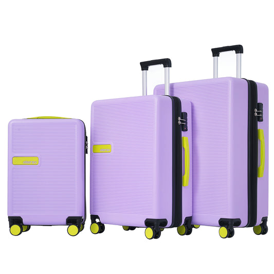 3 Piece Hardside Luggage Set with Spinner, TSA Lock , 20" 24' 28" ,Purple Contrast Color