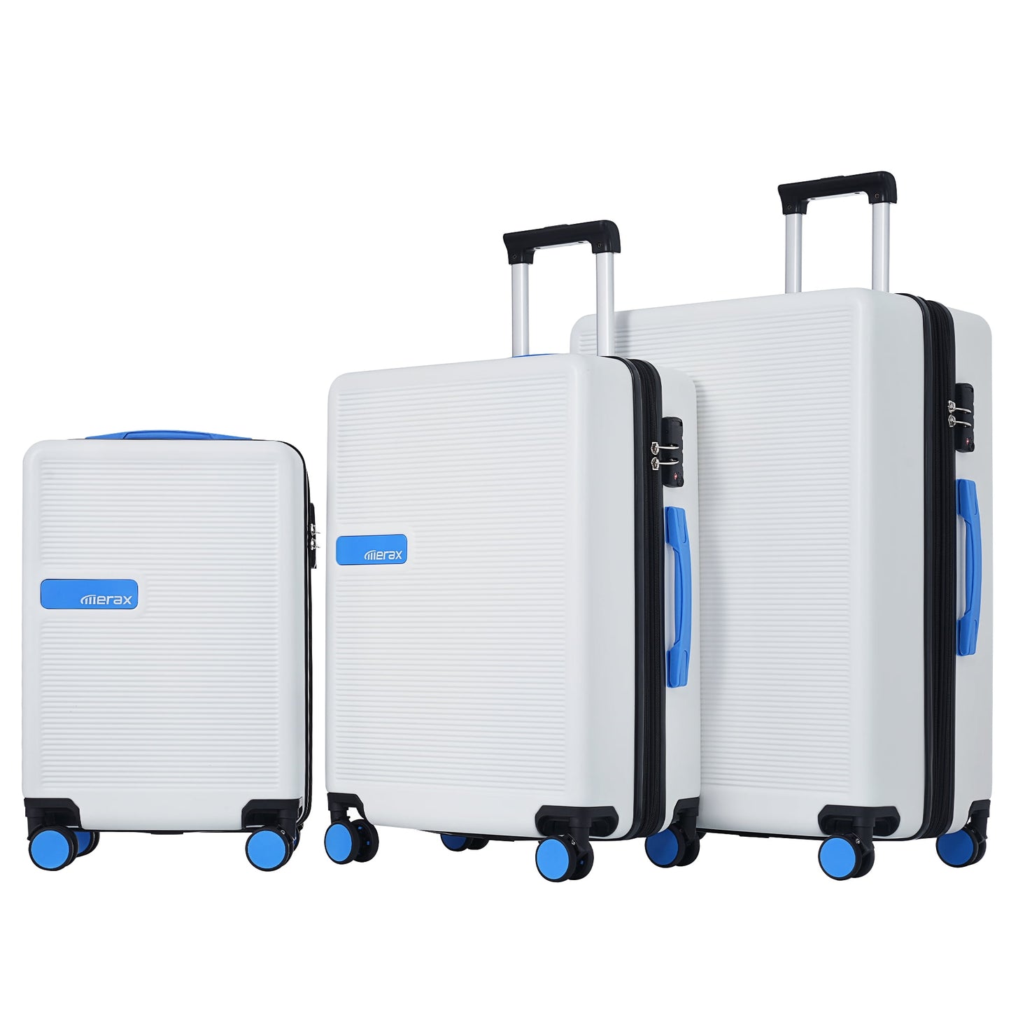 3 Piece Hardside Luggage Set with Spinner, TSA Lock , 20" 24' 28" ,White+Blue Contrast Color
